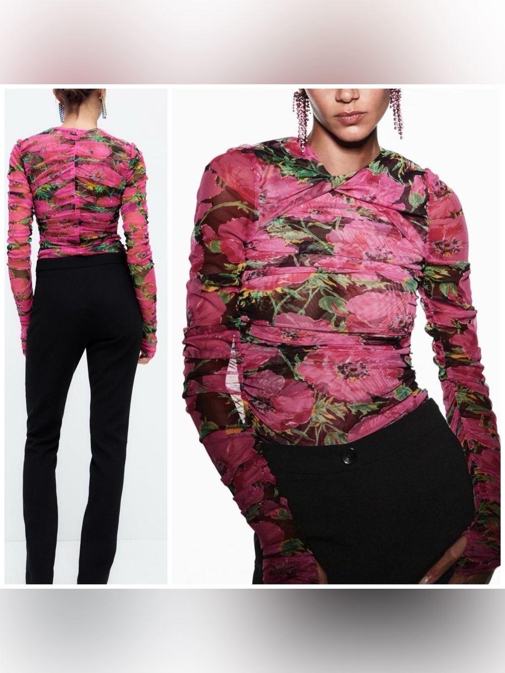 Zara Pink Black Floral Mesh Ruched Crop Top Sheer Thumbhole Blogger Size XL - Picture 3 of 9